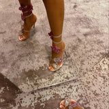 Purpdrank  Pink Flower Rhinestone High Heels Sandals Shoes Sexy Rose Red Luxury Designer with Wrap Strap  for Women Prom Party