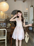 Purpdrank  French Ruffled Lace Square Neck Small Flying Sleeve Floral Dress Summer New Style Waist-hugging Short Skirt