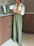 Purpdrank  Casual Print Pants Sets Women Loose Lapel Single Breasted Long Sleeve Shirts Solid Wide Leg Pant 2025 Summer Lady Elegant Outfit
