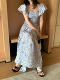 Purpdrank  Summer Bohemian Floral Printed Women's Dress 2025 Flying Sleeve Square Collar Casual Loose Umbrella Long Dress Female