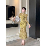Purpdrank  Sexy Long Sleeve Lace Cheongsam Dress Waist Cinched Maxi Skirt for Women Southeast Asia Cross Border Elegant Commute Style