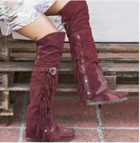 Purpdrank - Mujer Fashion Bohemia Knee-length Women Boots Ethnic Personality High Boots Tassels Faux Suede Boots Girl Flat Bottom Long Botas