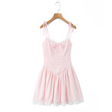 Purpdrank  Women Sexy Pink White Jacquard Floral Bow Lacing Up Sling Dress Low Waist Spliced Lace Ball Gown Mini Dresses Party Robe