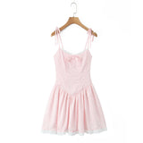 Purpdrank  Women Sexy Pink White Jacquard Floral Bow Lacing Up Sling Dress Low Waist Spliced Lace Ball Gown Mini Dresses Party Robe