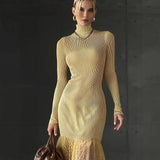Purpdrank   Autumn/Winter New Arrival Yellow Knitted Patchwork Chiffon Polka Dot Maxi Dress
