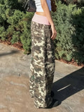 Purpdrank  American Retro Camouflage Print Wide Leg Pants Women's Color Match Loose Straight Casual Streetwear Trousers with Pockets