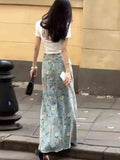 Purpdrank  Oversized American Retro Print Denim Skirt Women Spring/Summer New High Waist A-line Raw Edge Temperament Wrap Hip Long Skirts