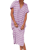 Purpdrank  Women Dress Long Dresses Knitted Turn Down Collar Short Sleeve Print Striped Casual Loose Elegant Splice Summer Vestidos