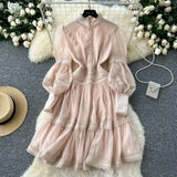Purpdrank Elegant Stand Neck Vintage Long Lantern Sleeve Chic Lace Spliced Mesh Slim A-line Dress French Autumn Women High Street Clothing