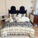 Purpdrank  Cotton Princess Bedding Sets Queen Butterflies Embroidered Chiffon Lace Elegant Soft Flat Sheet With Pillowcases 4PCS