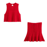 Purpdrank  Knit Jacquard Mesh Women Skirts Sets New Elegant Hollow Out O Neck Sleeveless Vest Casual Drawstring A-Line Mini Skirt