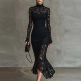 Purpdrank  Elegant Solid Color Slim Evening Dress Spring Summer New Irregular Maxi Dress Lady Sexy Lace Embroidery Turtleneck Banquet Dress