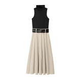 Purpdrank  European style new women's fashion all-match temperament splicing with belt stand collar sleeveless midi dress