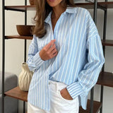 Purpdrank  Women's Striped irt Casual Long Sve Breathable Polyester Fiber Commute Sle Comfortable Fit Striped Blouse for Ladies