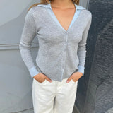 Purpdrank  Fake 2 Piece Knitted Cardigans Y2k Preppy V-neck Layered Collar Patchwork T-shirt Front Button Closure Slim Fit Cropped Sweater