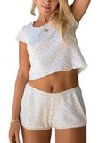 Purpdrank  Women Spring Summer Two Pieces Knitted Shorts Set Long Sleeve Floral T-shirts Crop Tops High Waist Shorts Outfits Streetwear