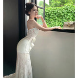 Purpdrank  Stunning Atmosphere Pure Desire Three-Dimensional Flower Strapless Dress Sexy Slim Long Dress