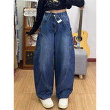 Purpdrank  Black Denim Sickle Pants for Women Loose Wide-Leg Embroidered Scimitar Design Versatile Pickup Style Washed Finish