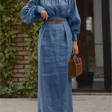 Purpdrank  Women's Fashion Solid Skirt Set Elegant O-neck Full Sleeve Pleated Top Loose Maxi Skirt With Belted Lady 2025 Summer Chic Outfit