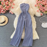 Purpdrank  Summer Fashion Casual Women's Black White Plaid Backless Slim Holiday High Waist Slip Wide Leg Pant Jumpsuit Versatile