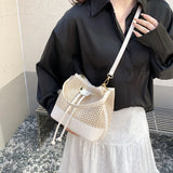 Purpdrank  Straw Woven Design Crossbody Bags For Women Summer Beach Drawstring Bucket Shoulder Bag Big Capacity Designer Handbag