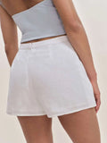 Purpdrank  2 colors 2025 Women Cotton Linen Mini Shorts Buttons High Waist Back Zipper Front Slit Skirt-Shorts