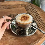 Purpdrank  Korean Ins Coffee Cup Set 304 Stainless Steel Insulated Coffee Cup Afternoon Tea Mug Dish Spoon Household Retro Tableware Set