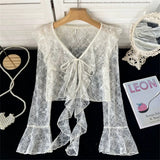 Purpdrank  Summer Sweet Women Sun Protection Blouse Fashionable Bell Sleeve Lace Sheer Cardigan Tops Korean Elegant Ruffled V Neck Shirt
