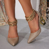 Purpdrank  Fashion Design Chain Ankle Strap Women Pumps Metal Strange Fretwork Heels Sandals Elegant Pointed Toe Wedding Bride Shoes