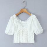 Purpdrank  Sweet White Embroidery Hollow Out Hole Splice Lace Elastic U Collar Short Sleeve Shirt Women Center Buttons Slim Crop Tops