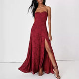 Purpdrank  Women Fashion Embroidery Party Dress Sexy Strapless Sleeveless Solid Evening Dress Elegant Split Slim Big Swing Long Dress