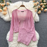 Purpdrank - Women Sweet Korean Pink Sweet 3 Pieces Set For Women Knitted Sling Vest +sunscreen+floral Print Wide Leg Denim Long Pants Suits