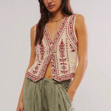 Purpdrank  Vintage V Neck Vest Jacket For Women Ethnic Floral Embroidered Spring Summer Jackets Crop Tops Boho Beach Vestes Coats
