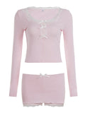 Purpdrank  Y2K Hot Girl Lace Hem 2 Piece Set Fashion Bow Long Sleeve Crop Top & Bodycon Mini Skirt Matching Suits Casual Women Outfit