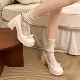 Purpdrank  Elegant Pearls Chain High Heels Mary Jane Shoes Women 2025 Bowknot Thick Heel Pumps Woman Round Neck Patent Leather Party Shoes