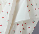 Purpdrank  Retro French Style Fruit Cherry Print Midi Long Dress Puff Sleeve Chest Ruched Bow Square Collar Hem Slit Swing Robe Fairy