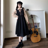Purpdrank - Vintage Patchwork Dress Long Sleeve Spring Autumn Preppy Style Temperament Clothing Fake Two Piece Female Slim Women Dresses