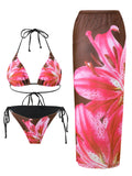 Purpdrank  Sexy Bikini Three-Piece Set Print Vacation Skirt Separate Long Skirt Beach Tie Summer Swimwear Polyester Fabric with Chest Pad
