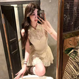 Purpdrank  Slim-fitting Temperament Cheongsam Lace Splicing Dress with Waist Slimming Summer New Retro Skirt