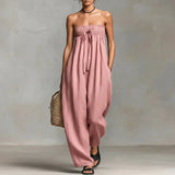 Purpdrank  Bohemian Casual Solid Wide Leg Pants Jumpsuit Woman Spring Sexy Strapless Backless Hollow Rompers Summer Lace-up Draped Overalls