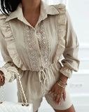 Purpdrank Women's Short Jumpsuits New Fashion Contrast Lace Turn-Down Collar Long Sleeve Romper Women Casual Frill Hem Drawstring Jumpsuit
