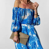 Purpdrank  Summer Sexy Off Shoulder Women Long Dress Vacation Style Blue Printed High Waist Bubble Sleeve Sexy Maxi Dresses