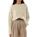 Purpdrank  Women Fall Winter Twist Knit Top Pullover Sweater Loose Round Neck Solid Color Versatile Fashionable Comfortable Petite