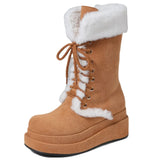 Purpdrank  Winter Warm Faux Fur Mid Calf Snow Boots Fashion Platform Wedges High Heels Side Zipper Lace-up Boots for Women