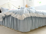 Purpdrank  100% Cotton Bedding Set Luxury Blue Plaid Printing Princess Lace Duvet Cover Bed Skirt Bedspread Pillowcases Home Textile