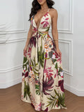 Purpdrank  Elegant V-neck Backless Hollow Maxi Dress Women Fashion Print Hight Waist Slim Long Dress Sexy Sleeveless Split Party Dress