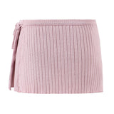 Purpdrank  New Fashion Autumn Bow Lacing Up Low Waist Side Slit Rib Knit Skirt for Women With Shorts Underwear Mini Skirts Beige Pink