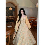 Purpdrank  Summer Floral Printed Long Dress Women Patchwork Lace Chiffon Fairy Dress Casual Gold Stamping Bow Tie Suspender Dress