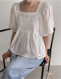 Purpdrank  Summer Cotton Puff Sleeve Women's T-shirts 2025 New Square Collar Backless Hollow Out Casual Loose Shirts Tops Female