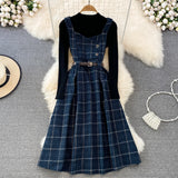 Purpdrank - High Quality Fall Winter Women Sweater Overalls Dress Sets Casual Knitted Tops +Plaid Woolen Dress 2 Piece Sets Outfits Female